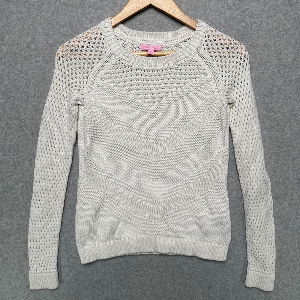 Lilly Pulitzer Womens White Cotton Chevron Open Knit Crochet Sweater XS 86393